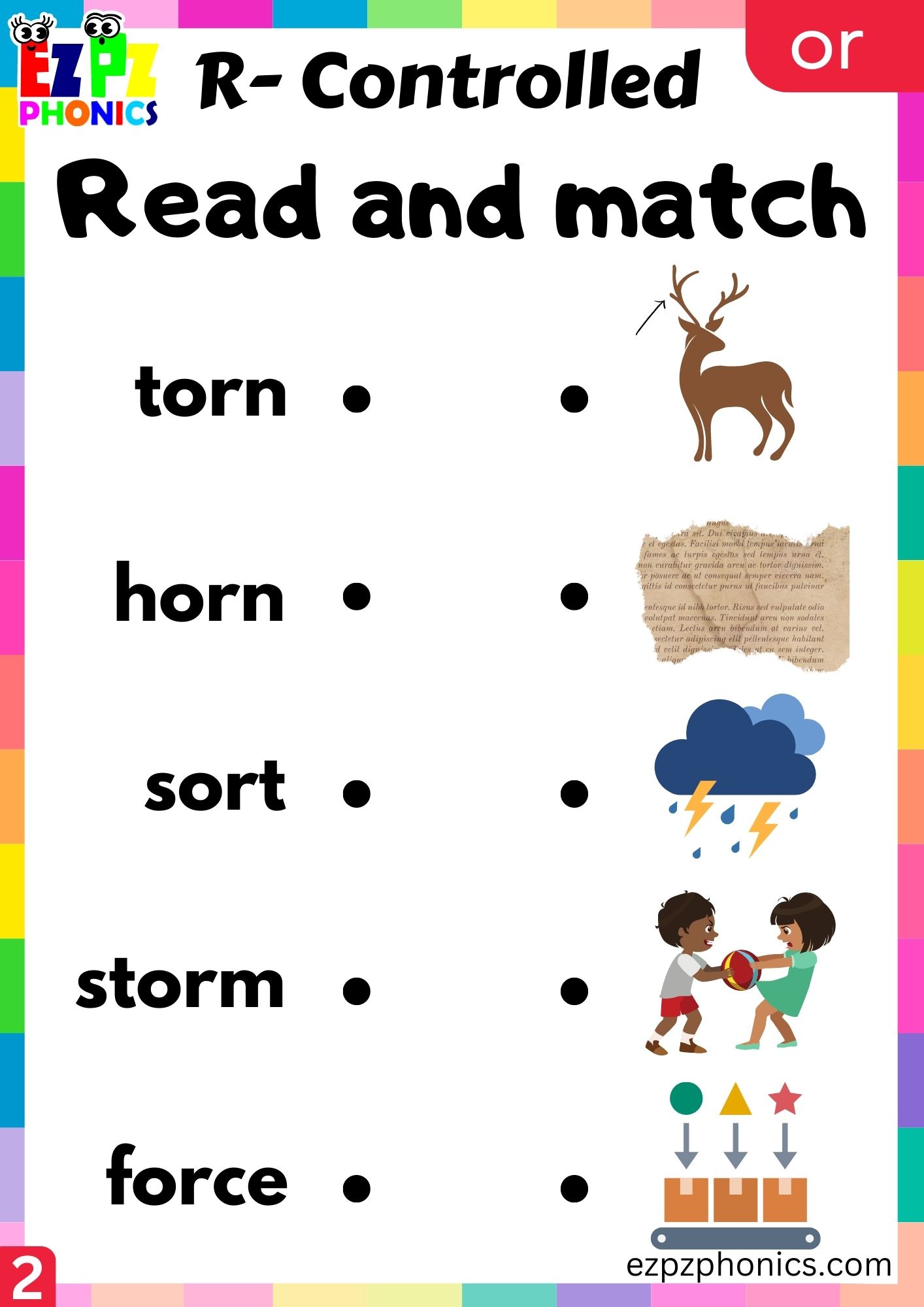 Read and match worksheet for or words R Controlled Vowels Phonics group 2